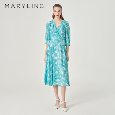 MARYLING玛俪琳奥莱outletsV领印花优雅连衣裙A1ECW64010
