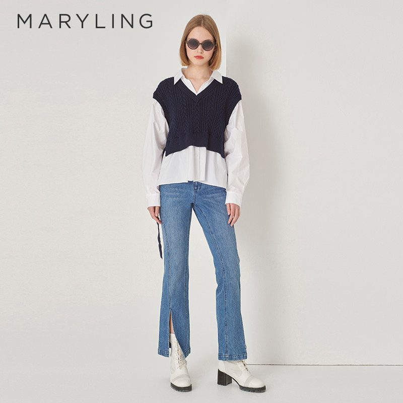 MARYLING玛俪琳奥莱outlets假两件衬衫式套头V领上衣A1DHW03470