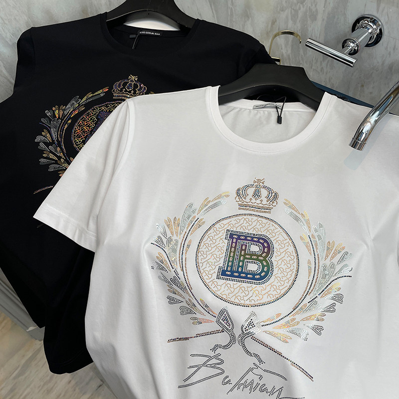 夏季新款短袖T恤男修身麦穗字母烫钻高端欧货休闲圆领白色上衣潮
