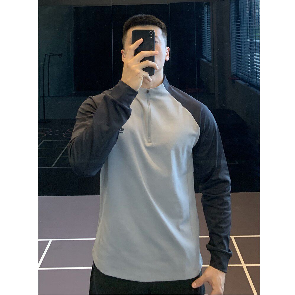 特大码300斤半拉链速干运动t恤男士户外撞色长袖排汗健身服春秋款