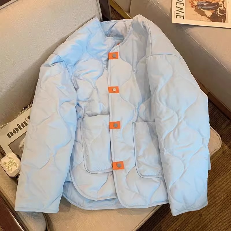 300特大码奶蓝菱格无领棉袄棉服