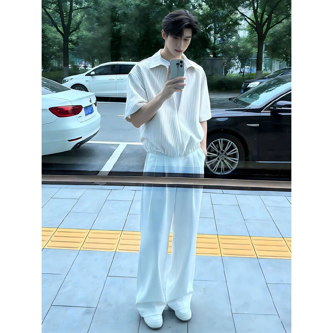 韩系松弛假两件条纹短袖衬衫t恤图片