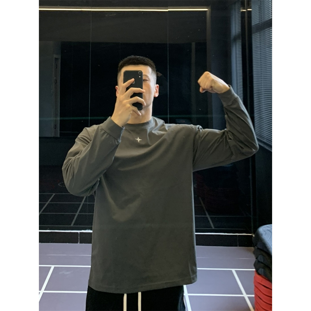 大码300斤纯棉运动长袖T恤男宽松训练健身衣服男秋冬季新款上衣潮