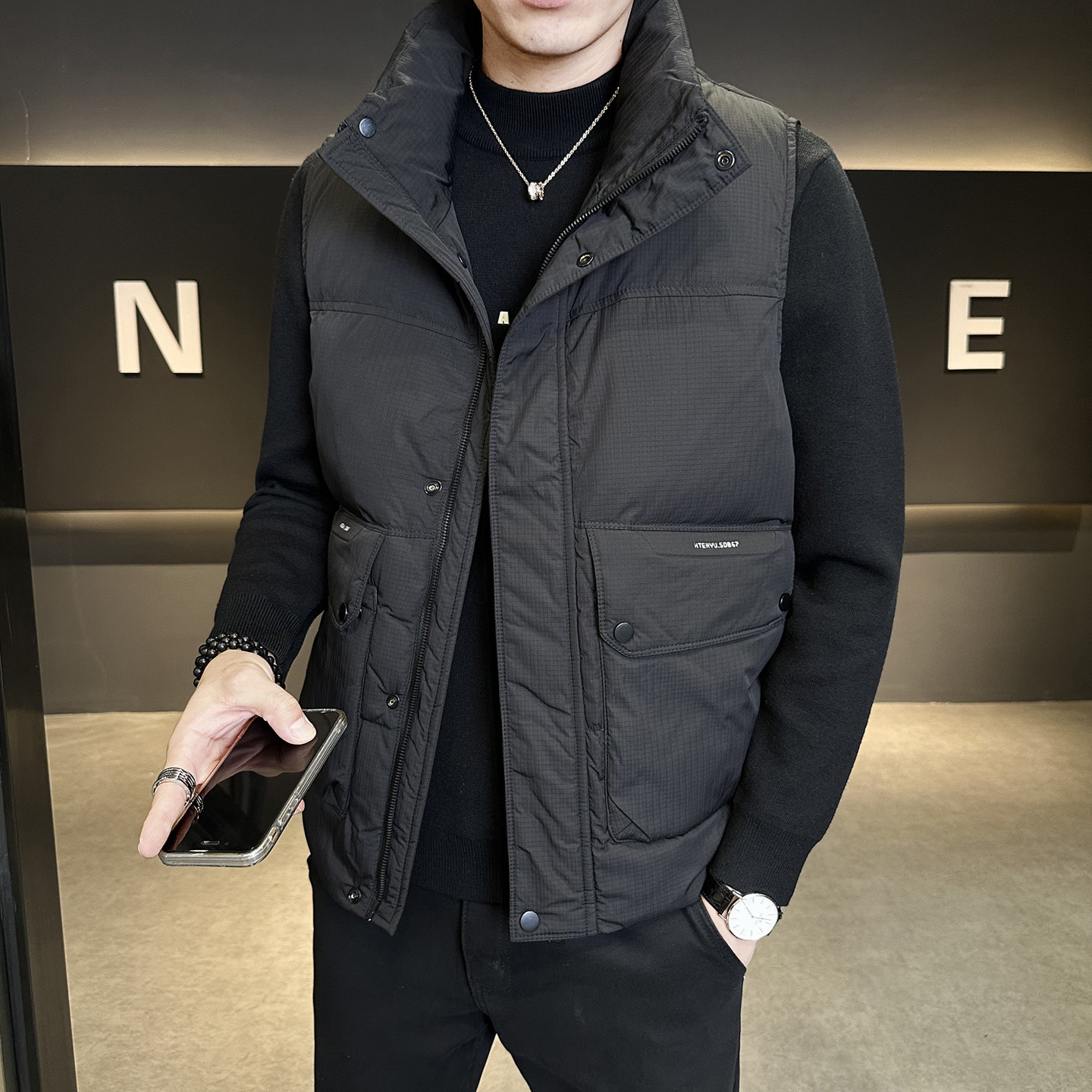 日系休闲保暖外套马甲背心短款立领羽绒马夹男休闲工装青少年夹克