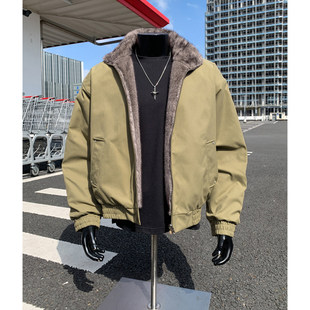 卡其色两面穿ins美式潮牌男棉服鱼骨纹牛津帆布银蓝狐座山雕外套