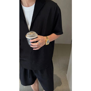 短袖衬衫＋短裤夏装两件套男士简约帅气假两件老钱风亚麻休闲套装