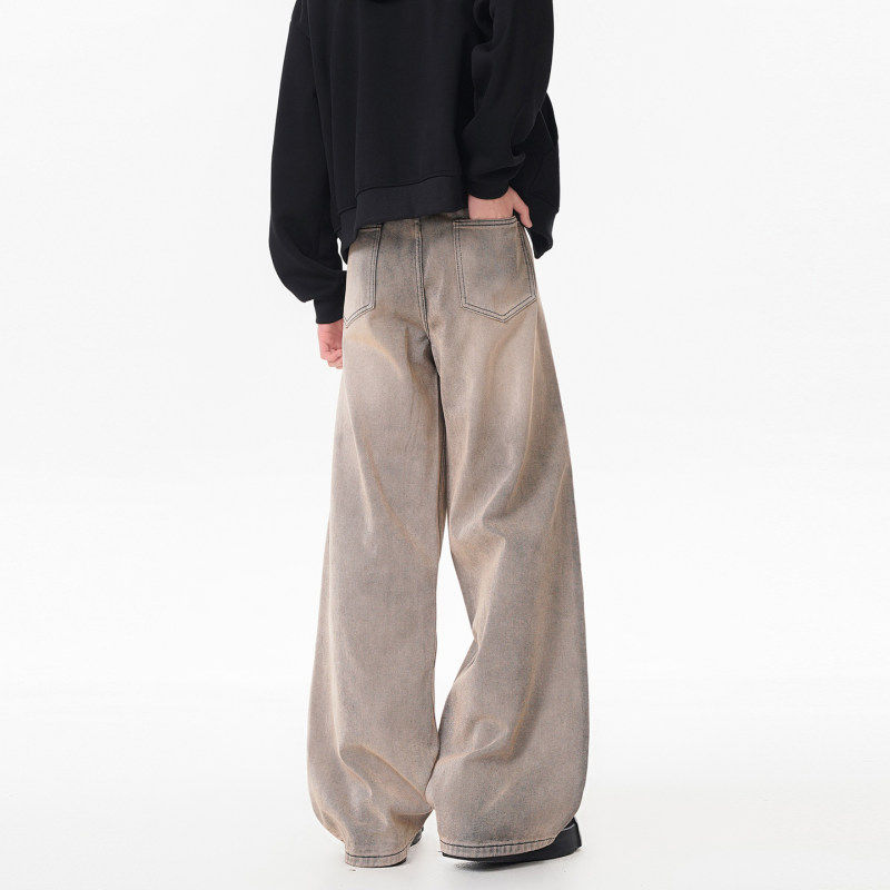 2026春季美式复古假破洞做旧牛仔裤男款潮牌伐木裤cleanfit微喇裤