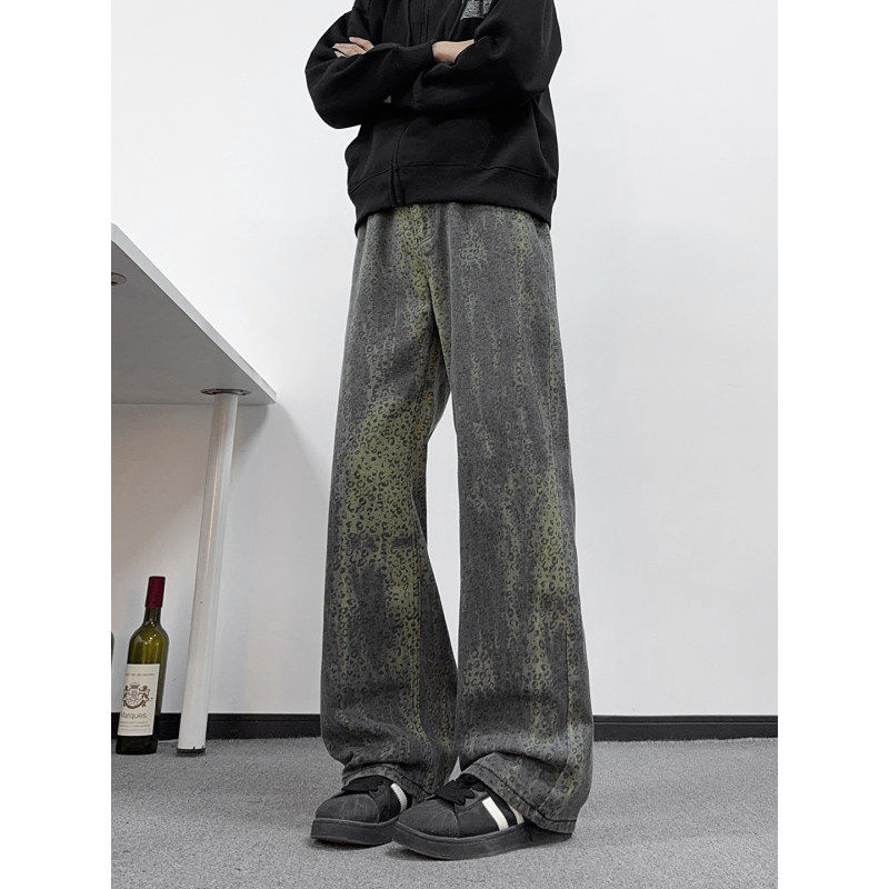 豹纹牛仔裤男女美式重磅窄版修身显瘦微喇裤潮牌高级感痞帅弯刀裤