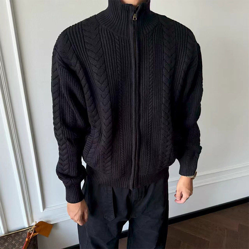 麦穗纹秋冬美式开衫高领毛衣男款复古拉链外套加厚保暖针织衫内搭