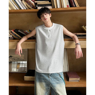 t恤 重磅无袖 2025年潮假两件v领背心夏季 高级感痞帅小领口坎肩美式