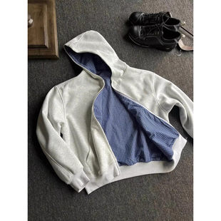 cleanfit双面穿格纹连帽卫衣男女款秋季美式休闲宽松拉链短宽外套