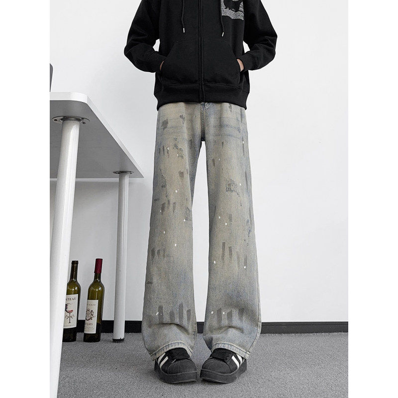 美式高街喷墨牛仔裤男春秋痞帅窄版直筒裤子设计感修身显瘦微喇裤