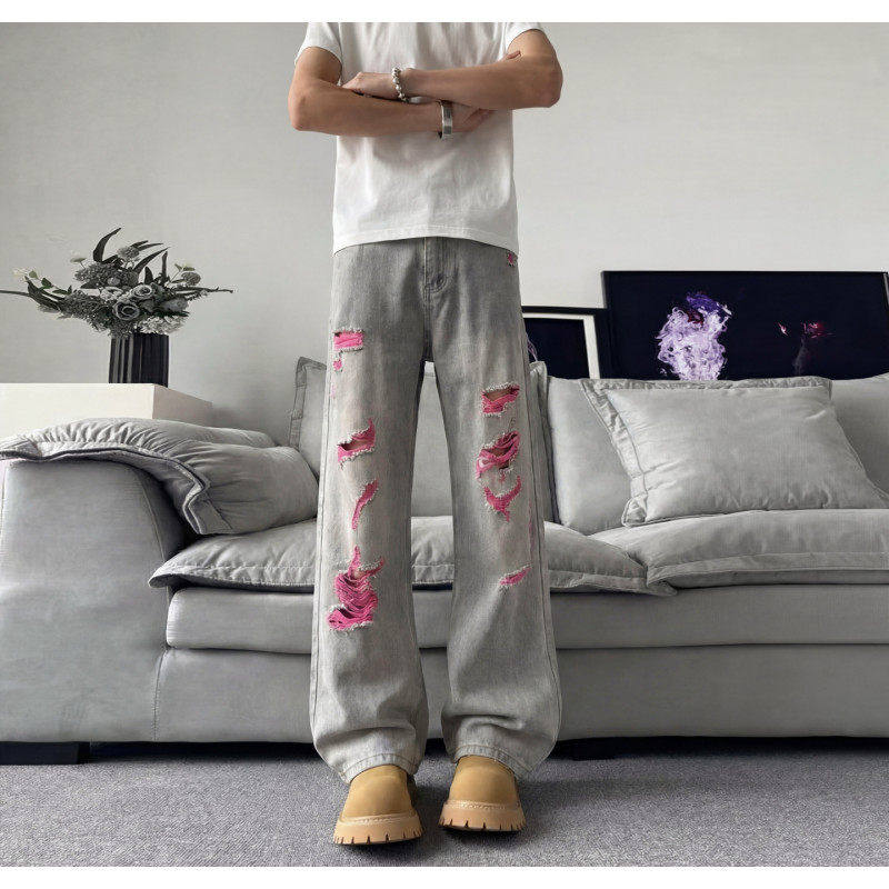 破洞休闲牛仔裤男薄款大码美式高街vibe潮牌宽松阔腿弯刀微喇长裤