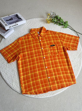 橙色格子短袖衬衫男美式夏季多巴胺百搭衬衣小众简约宽松显瘦外套