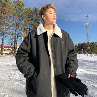 美式复古翻领棉衣男冬季加厚羊羔毛皮毛一体外套痞帅休闲加绒棉服