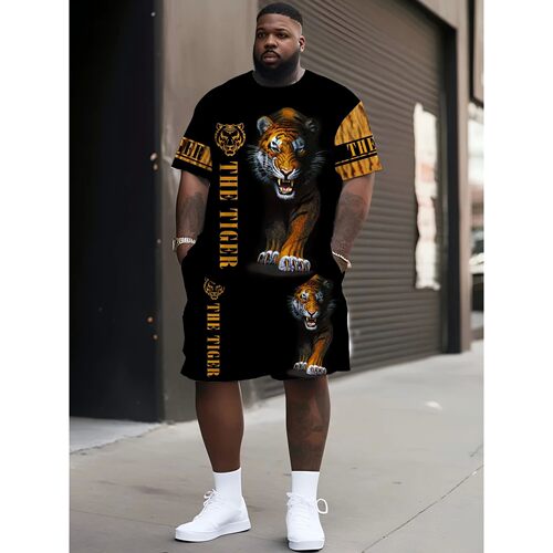 圆领印花圆领短裤套装男 Round neck printed shorts set for men