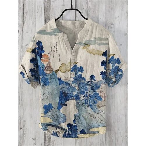 3D printed V-neck half open casual T-shirt印花V领半开襟短袖