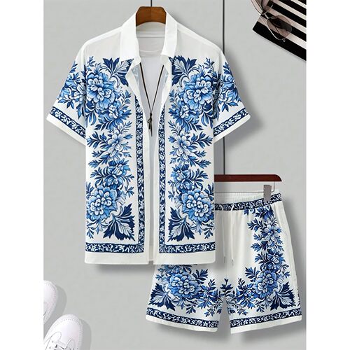 撞色印花翻领两件套Two piece set of contasting printed lapels