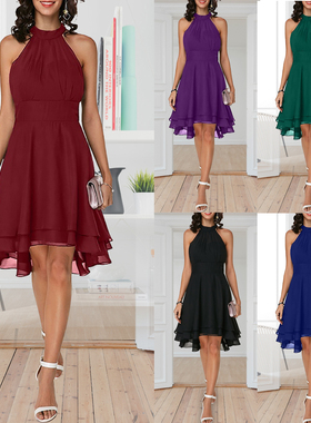 Solid Color Irregular A-Line Ruffle Dress纯色不规则A字连衣裙