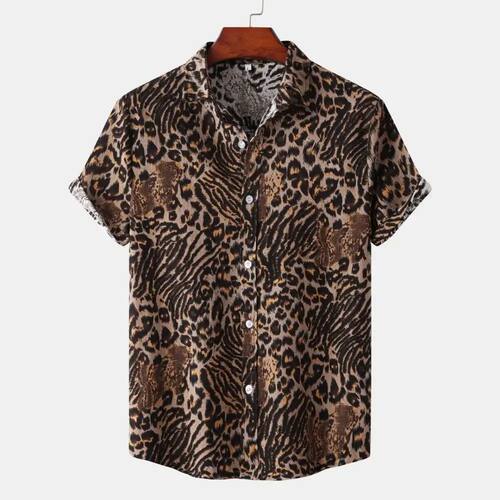 多色豹纹翻领T恤衫男Multi colored leopard print lapel T-shirt