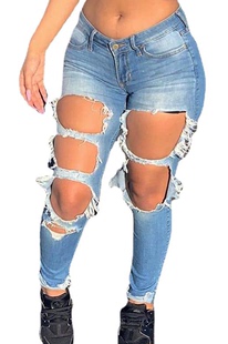 holes简约休闲破洞弹力牛仔小脚裤 Simple with jeans 女 stretch