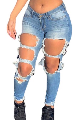 Simple stretch jeans with holes简约休闲破洞弹力牛仔小脚裤女