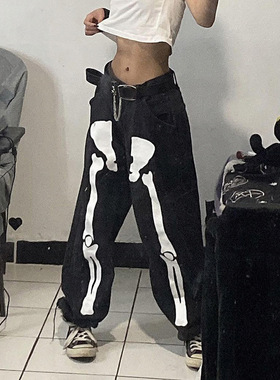 Printed casual wide leg straight jeans印花休闲阔腿直筒牛仔裤