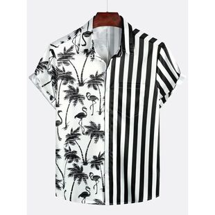 衬衣男Striped printed holiday shirt lapel 条纹印花翻领薄款