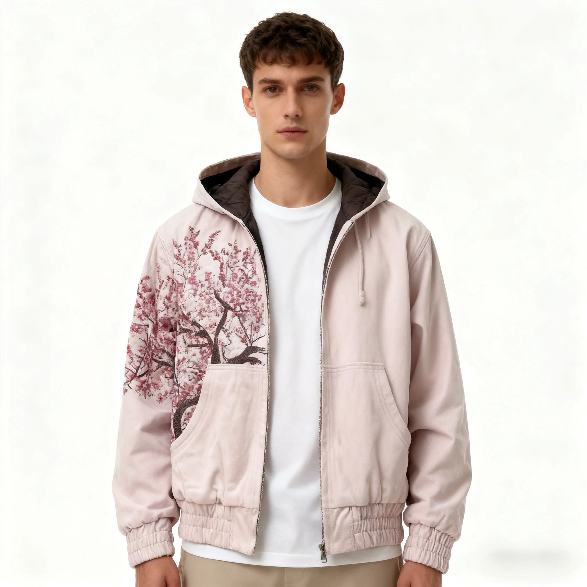 纯色印花连帽褂Solid color plum blossom printed hooded jacket