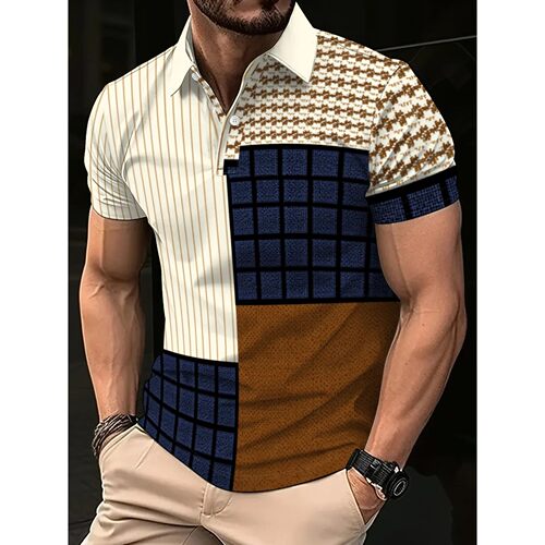 翻领拼接印花衬衫Collar patchwork printed short sleeved shirt