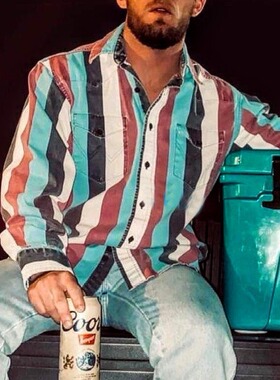 Striped printed pocket long sleeved shirt条纹印花长袖型衬衫