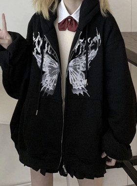 Printed casual hooded loose blazer印花休闲连帽宽松运动外套女