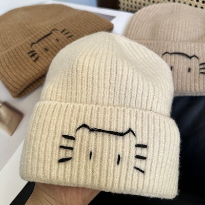 可爱猫咪毛线帽女秋冬季韩版显脸小百搭针织帽大头围保暖包头帽子