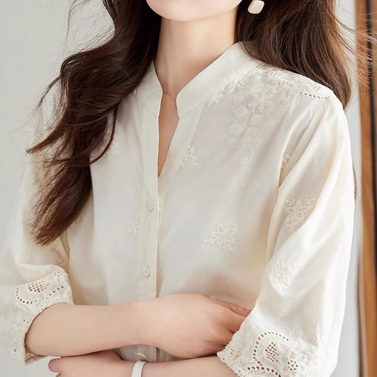 特价清仓纯棉刺绣衬衫镂空蕾丝上衣女棉麻法式衬衣半袖小衫七分袖