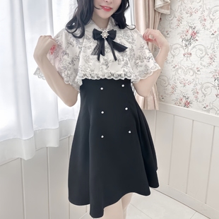 日单日系24新款 长裙蕾系量产型气质斗篷连衣裙 拆卸印花披肩短袖