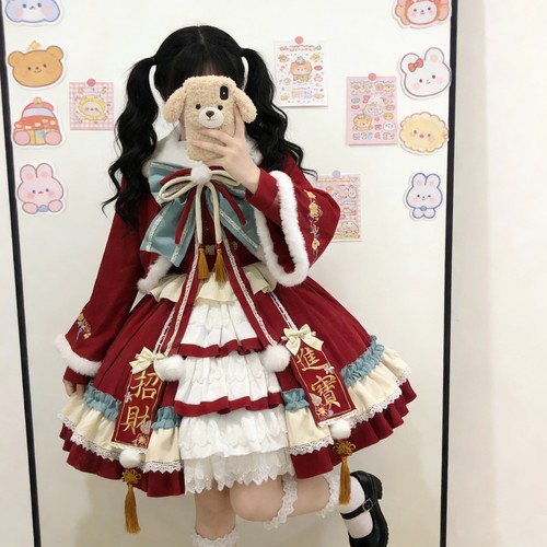 lolita中华风新年战袍拜年服红色连衣裙套装洛丽塔公主裙圣诞少女