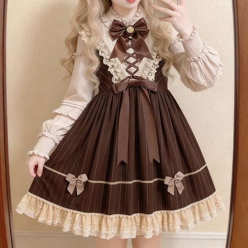 春秋棕色lolita裙长袖连衣裙甜美