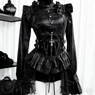 黑色Lolita上衣复古哥特宫廷风姬袖衬衫收腰衬衣恶魔cos服大码男