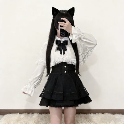 清楚系蕾丝斗篷上衣高腰半裙套装