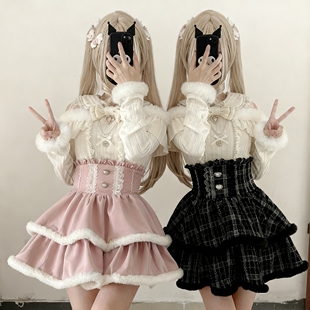 冬lolita长袖 蕾丝蝴蝶结毛绒上衣毛边双层可爱小香风半身裙蕾服萌