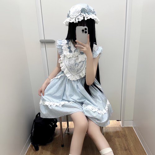 蓝色格子小飞袖娃娃领软妹连衣裙