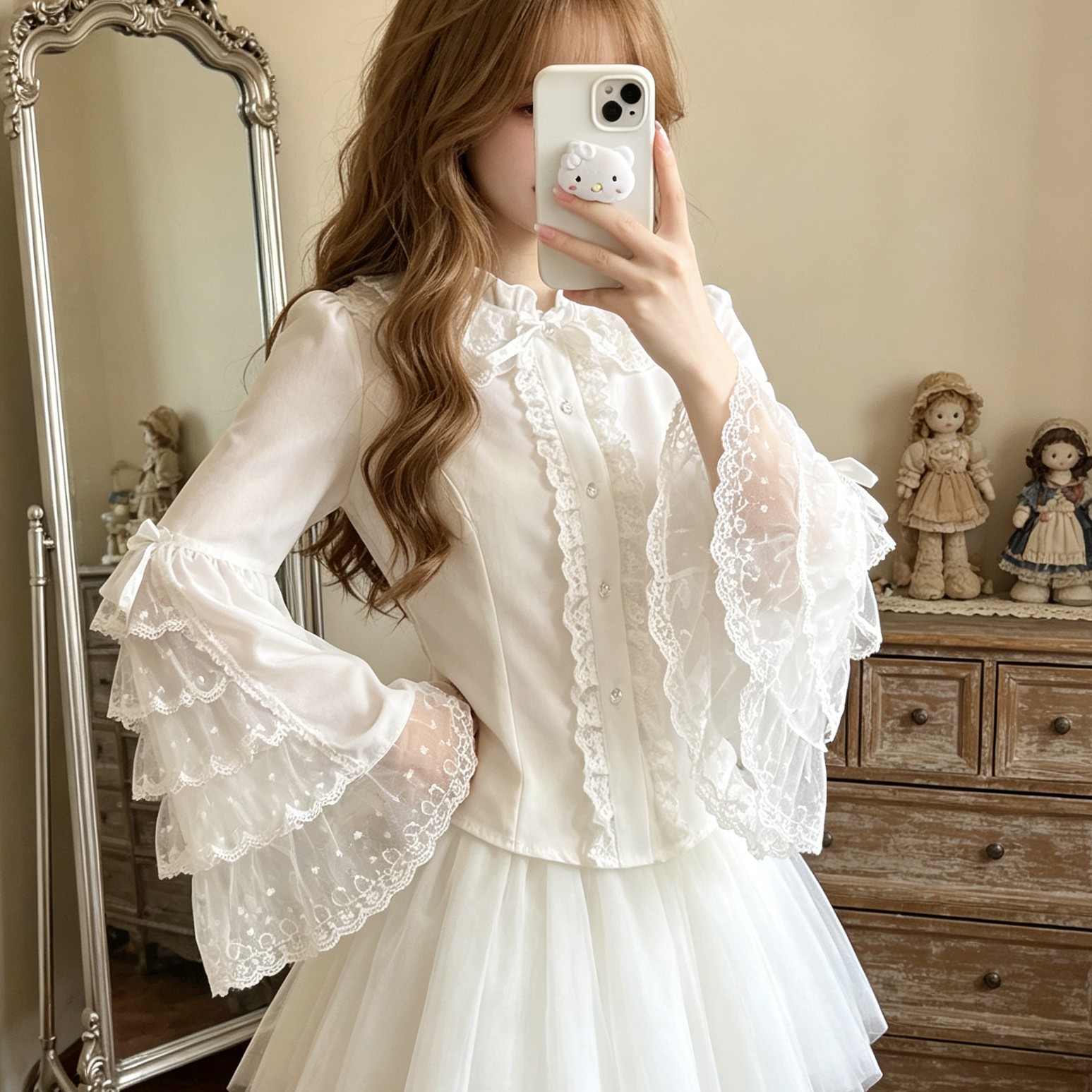 白色立领洛丽塔蕾丝doll感上衣女图片