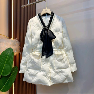 棉服外套百搭显瘦宽松遮肉棉衣 小香风蝴蝶结中长款 胖妹妹时尚 冬季