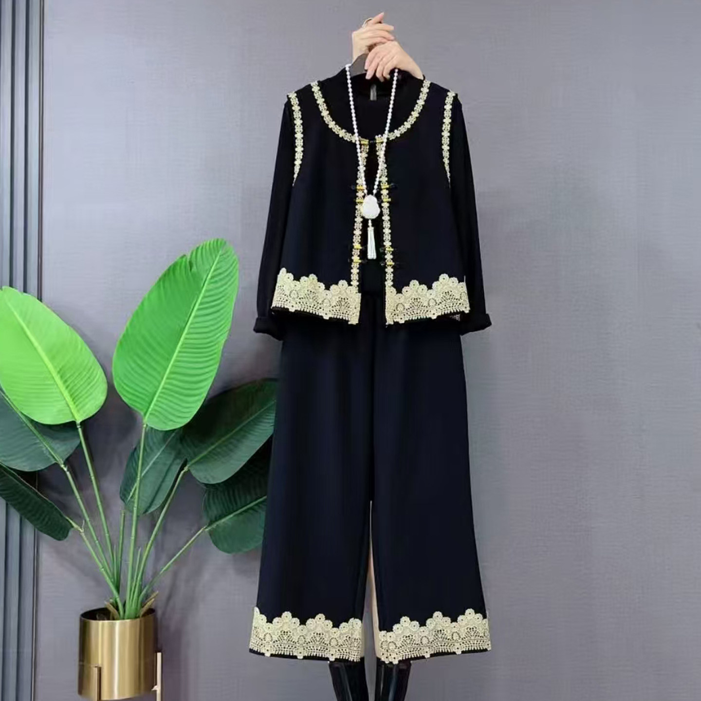 胖妹妹2026春季新中式时尚长袖三件套大码女装减龄显瘦裤子一整套,女装/女士精品,大码套装,淘宝优惠券,粉丝福利购,淘宝优惠卷