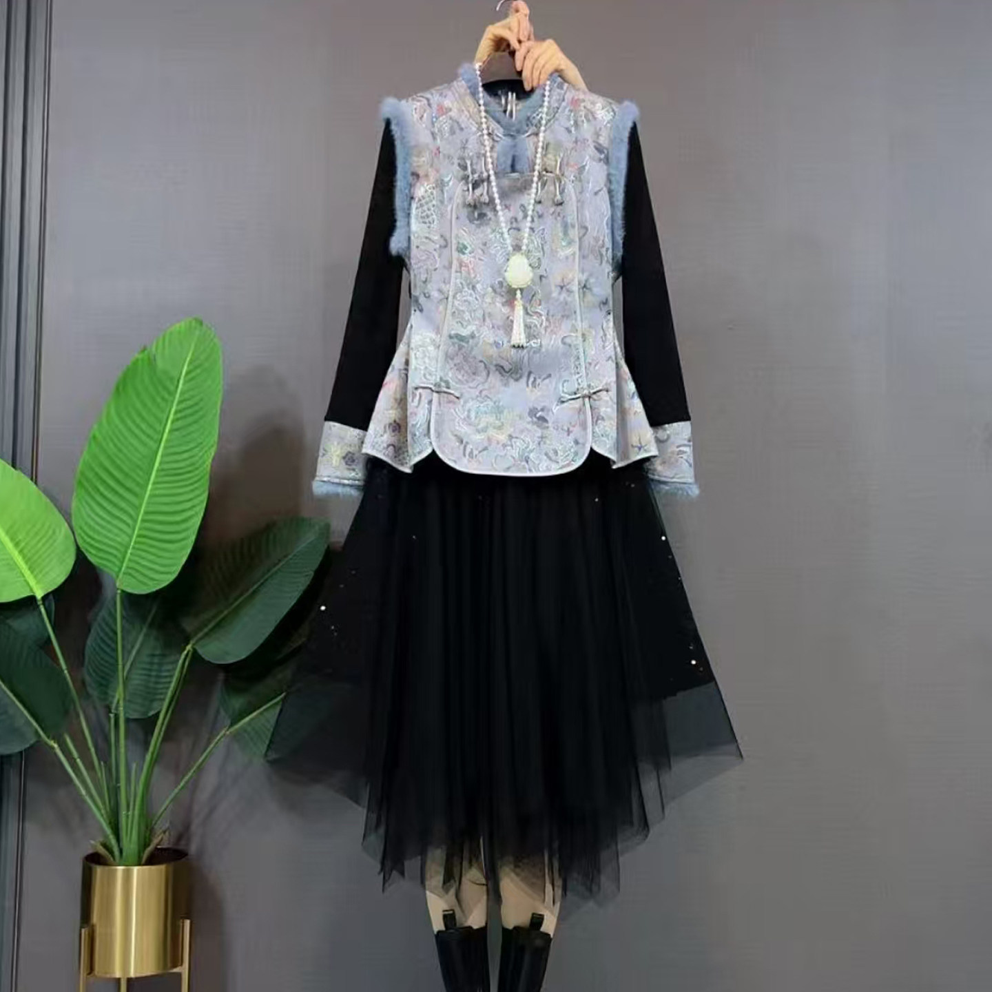 胖mm新中式大码女装国风遮肉遮肚三件套网纱半身裙+长袖打底衫潮,女装/女士精品,大码套装,淘宝优惠券,粉丝福利购,淘宝优惠卷