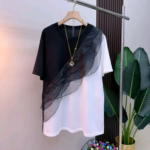 胖mm2026夏季中长款蕾丝拼接上衣百搭遮肉遮肚子短袖T恤减龄显瘦