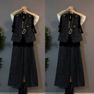 大码女装春季2026欧货时尚新款洋气马甲套装裤子打底气质三件套潮