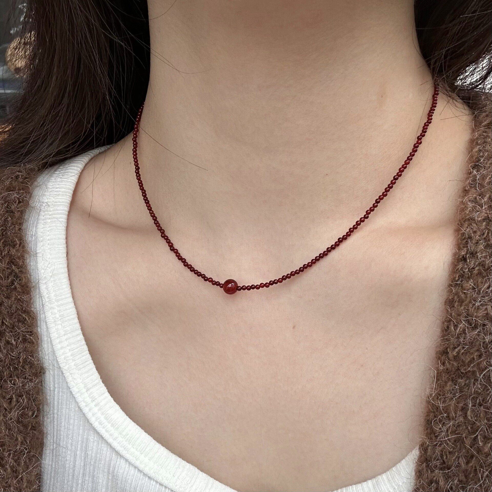S925纯银天然红玛瑙颈链女小众