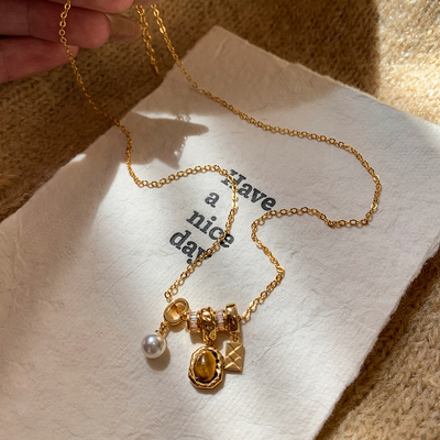 天然虎眼石珍珠吊坠毛衣链长款