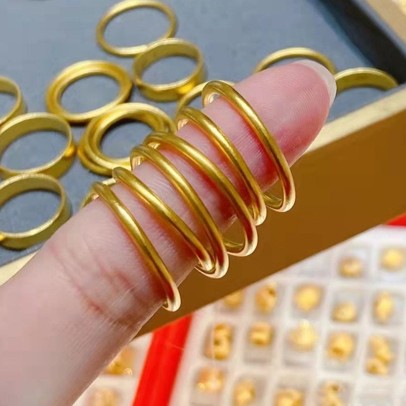 古法素圈戒指女磨砂越南沙金仿真黄金不掉色小众设计轻奢素戒细